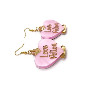 Love Potion Earrings, Cute Valentine's Day Statement Earrings, Women's Quirky Pink and Gold Earrings, Fun Unique Valentine's Day Jewelry image 6