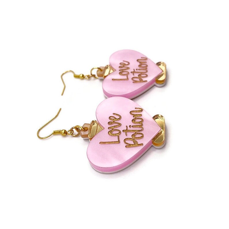 Love Potion Earrings, Cute Valentine's Day Statement Earrings, Women's Quirky Pink and Gold Earrings, Fun Unique Valentine's Day Jewelry image 6