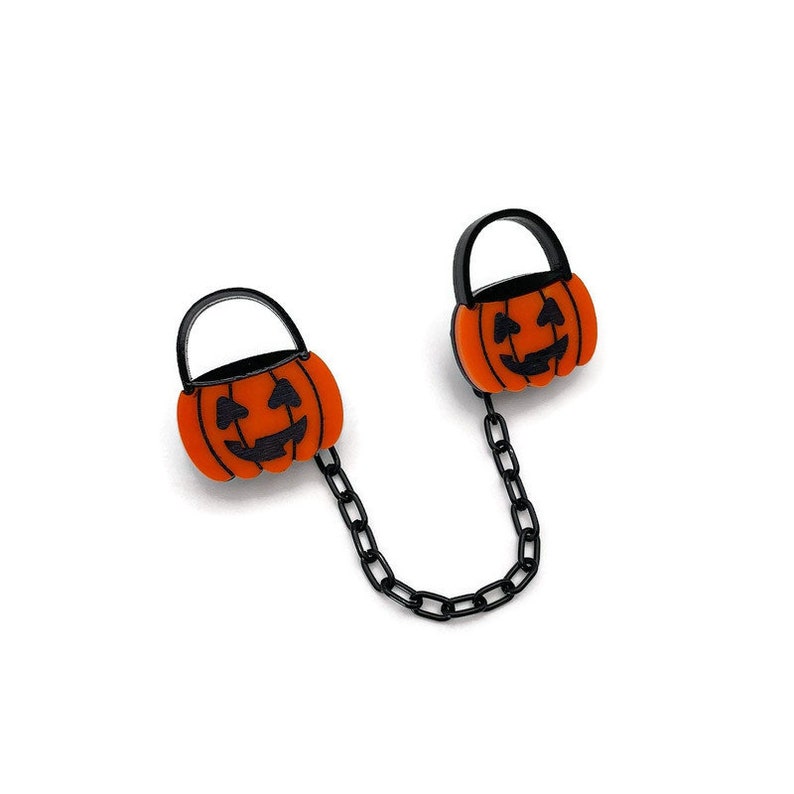 Pumpkin Bucket Sweater Clip, Halloween Jack O Lantern Trick or Treat Candy Bucket Cardigan Clips, Sweater Guards, Spooky Season Collar Clips image 4