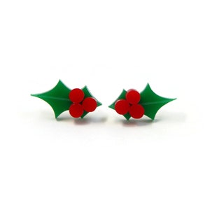 Christmas Holly Stud Earrings, Vintage Inspired Holiday Jewelry for Women, Mistletoe Earrings Post, Red and Green Leaf and Berries Earrings