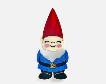 Garden Gnome Brooch: Laser Cut Acrylic Pin, Kitsch Spring Jewelry