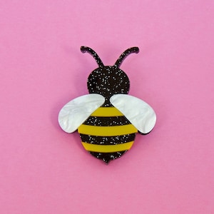 Bee Brooch, Yellow & Black Cute Spring Insect Brooch Pin, Laser Cut Honeybee Pin Jewelry, Unique Bumblebee Resin Brooch, Quirky Retro Brooch image 1