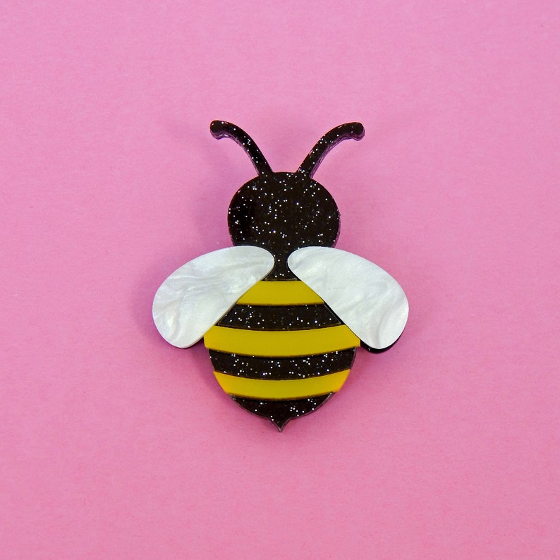 Bee Brooch, Yellow & Black Cute Spring Insect Brooch Pin, Laser Cut Honeybee Pin Jewelry, Unique Bumblebee Resin Brooch, Quirky Retro Brooch image 1