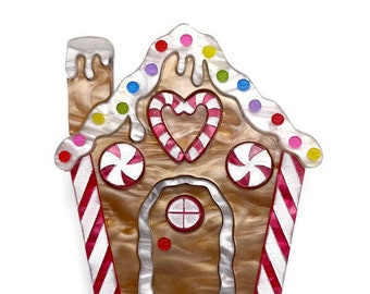 Gingerbread House Brooch: Hand-Painted Acrylic Christmas Pin