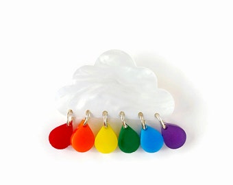 Cloud and Raindrop Brooch, Rainbow Rain Cloud Brooch Pin, Laser Cut Acrylic Novelty Brooch, Spring Weather Happy Cloud Jewelry Brooch Pin