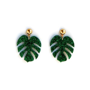 Green Glitter Monstera Leaf Dangle Earrings, Retro Summer Drop Earrings, Tropical Palm Leaf Statement Earrings, Vintage Pin Up Style Jewelry image 5