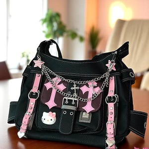 Hello Kitty Gothic Punk Y2K Crossbody Bag - Pinke Ketten Schulter Tragetasche Handtasche für Mädchen