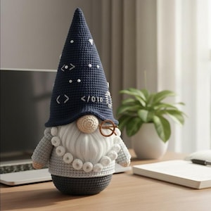 Peut inclure: Un gnome crocheté à la main avec un chapeau pointu bleu marine orné de points blancs et de symboles de code. Le gnome a une barbe blanche, des lunettes rondes et un pull gris. C'est un objet décoratif, pour un bureau ou une étagère.
