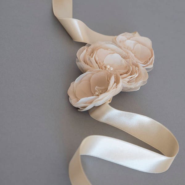 Rustic wedding sash, Wedding belt, Flower sash, Beige wedding sash, Champagne belt, Floral bridal belt - ZEA