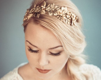 Gold bridal hairpiece, Golden floral tiara, Wedding headband - Gold flower headpiece - THALIA