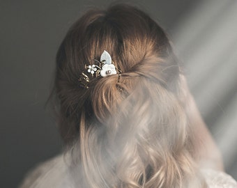 Floraler Haarkamm, Kleiner Braut Haarkamm, Haarschmuck in Gold - Ethel