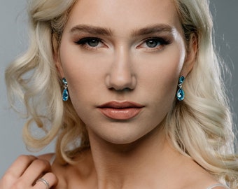 Aquamarine drop earrings, Blue crystal earrings, Pear crystal drop bridal earrings, Bridesmaid earrings - REGN