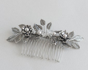 Silver floral hair comb, Bridal hair comb, Bohemian wedding hair accessory - VICTORIA