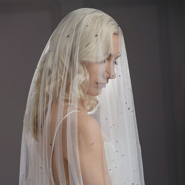 Wedding veil with double sided crystals, Something blue two tier veil - RAIN