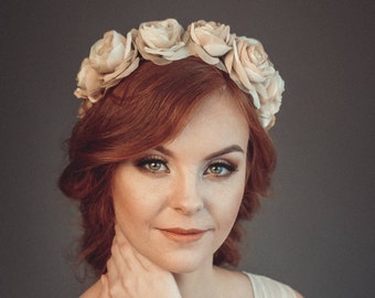 Beige flower crown, Rustic wedding headpiece, Boho hair wreath champagne, beige color - Antheia