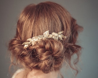 Peigne de cheveux de mariée, casque de mariage d’or, peigne de cheveux de feuille d’or, casque de feuille, peigne nuptial d’or - Hebe