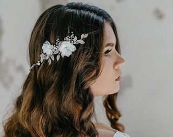 Floral pearl crystal bridal hair vine, Pearl crystal silver headpiece with silk flowers - SCHARLOTTE