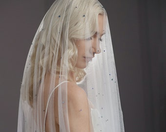 Crystal drop veil, Wedding veil with blue crystals, Scattered crystal veil, Blue sparkle veil - RAIN
