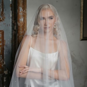 Crystal wedding veil, Sheer soft tulle drop veil with blusher, and delicate crystals - NEVE