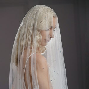 Crystal drop veil, Wedding veil with blue crystals, Scattered crystal veil, Blue sparkle veil - RAIN