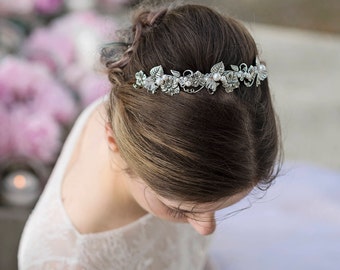 Bridal silver headband, Silver leaf crown with pearls and crystals, Bridal headpiece in regency style - SYBIL