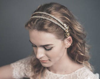 Bridal double headband, 1920s headband, Gold crystal headpiece- Edith