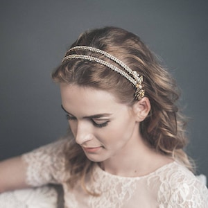 Braut Doppel-Stirnband, 1920er Jahre Haarband, Gold Kristall Haarschmuck- Edith