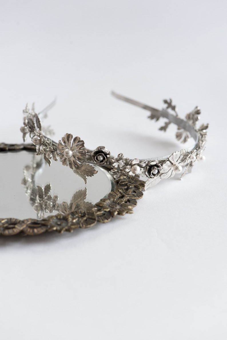 Bridal headband silver, Silver tiara, Silver bridal crown, Silver bridal headpiece Ewe image 2