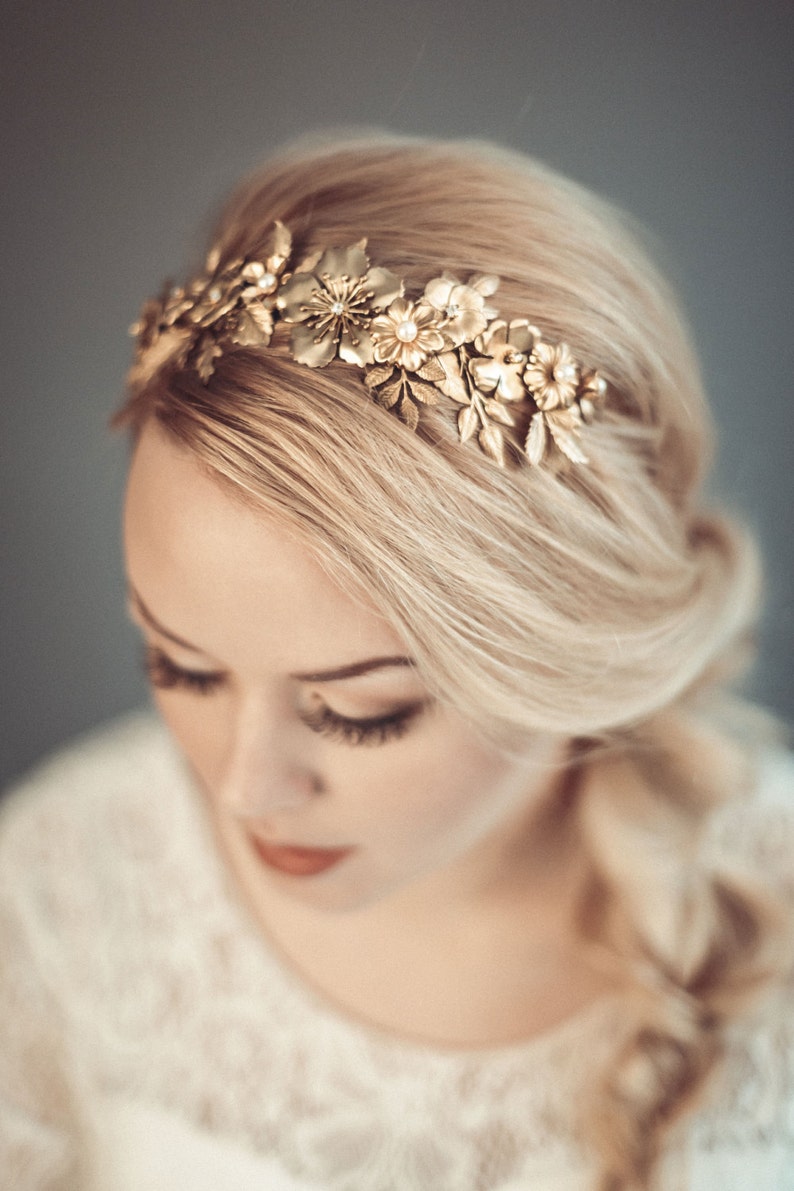 Gold bridal headpiece Golden floral tiara Bridal headband Etsy