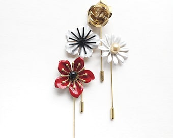 Flower lapel pin set, Wedding boutonniere, Metal flower brooch - LEIMON