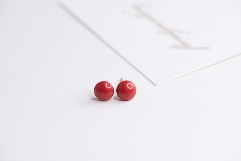 Simple pearl earrings, Classic minimalist studs, Modest jewelry PETITGEMS Red coral