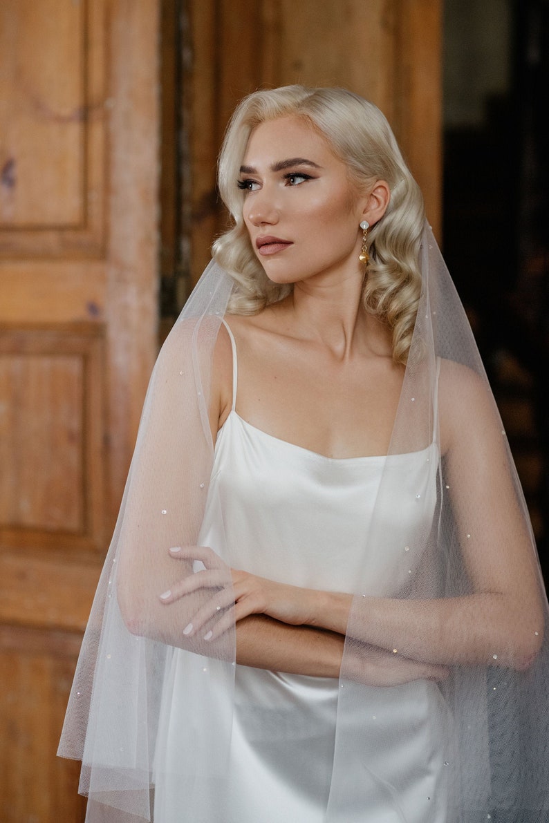 Sparkle drop veil, Wedding veil with crystals, Crystal bridal veil, Veil with blusher NEVE imagem 1