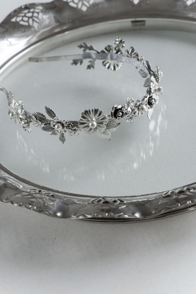 Bridal headband silver, Silver tiara, Silver bridal crown, Silver bridal headpiece Ewe image 7