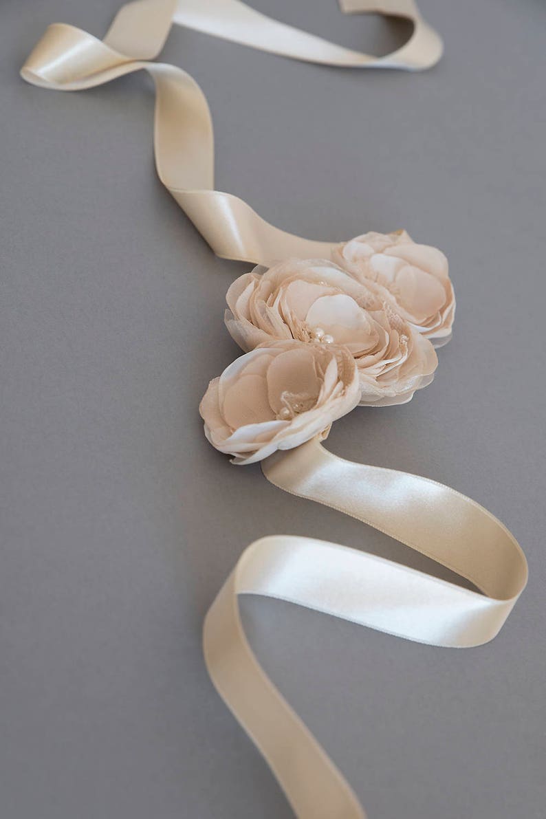 Rustic wedding sash, Wedding belt, Flower sash, Beige wedding sash, Champagne belt, Floral bridal belt ZEA image 1