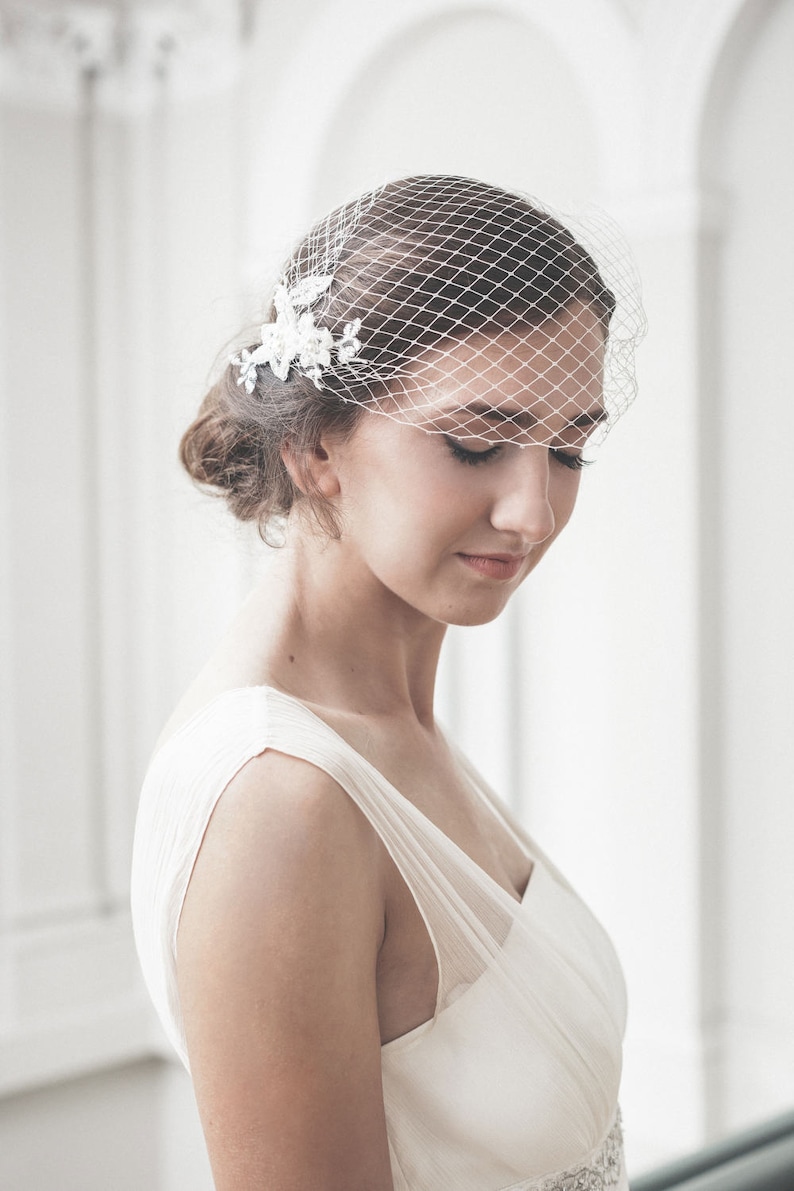 Bandeau birdcage veil, Ivory birdcage veil, Birdcage veil with beaded lace image 1