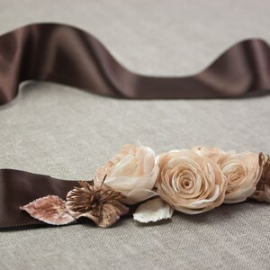 Wedding dress sash, Floral sash, Brown bridal belt, Belt for wedding dress image 2