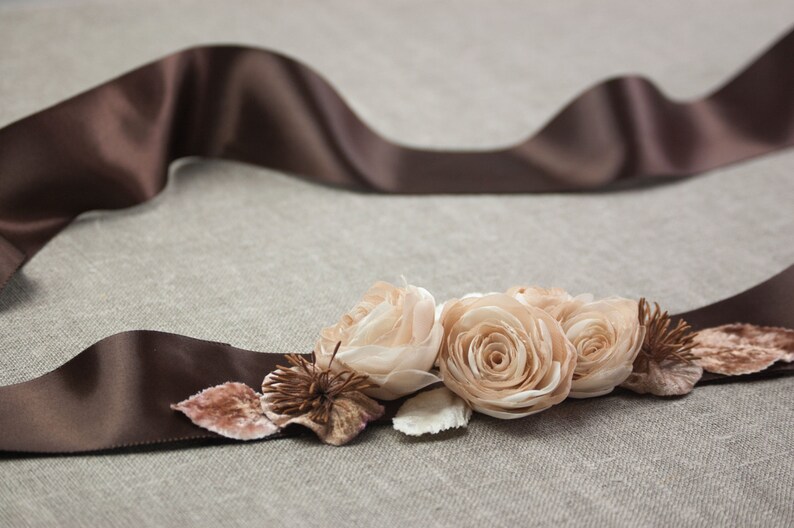 Wedding dress sash, Floral sash, Brown bridal belt, Belt for wedding dress image 2