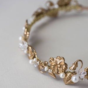 Edwardian floral headband made from brass flowers and pearls, lightweight bridal hair accessory