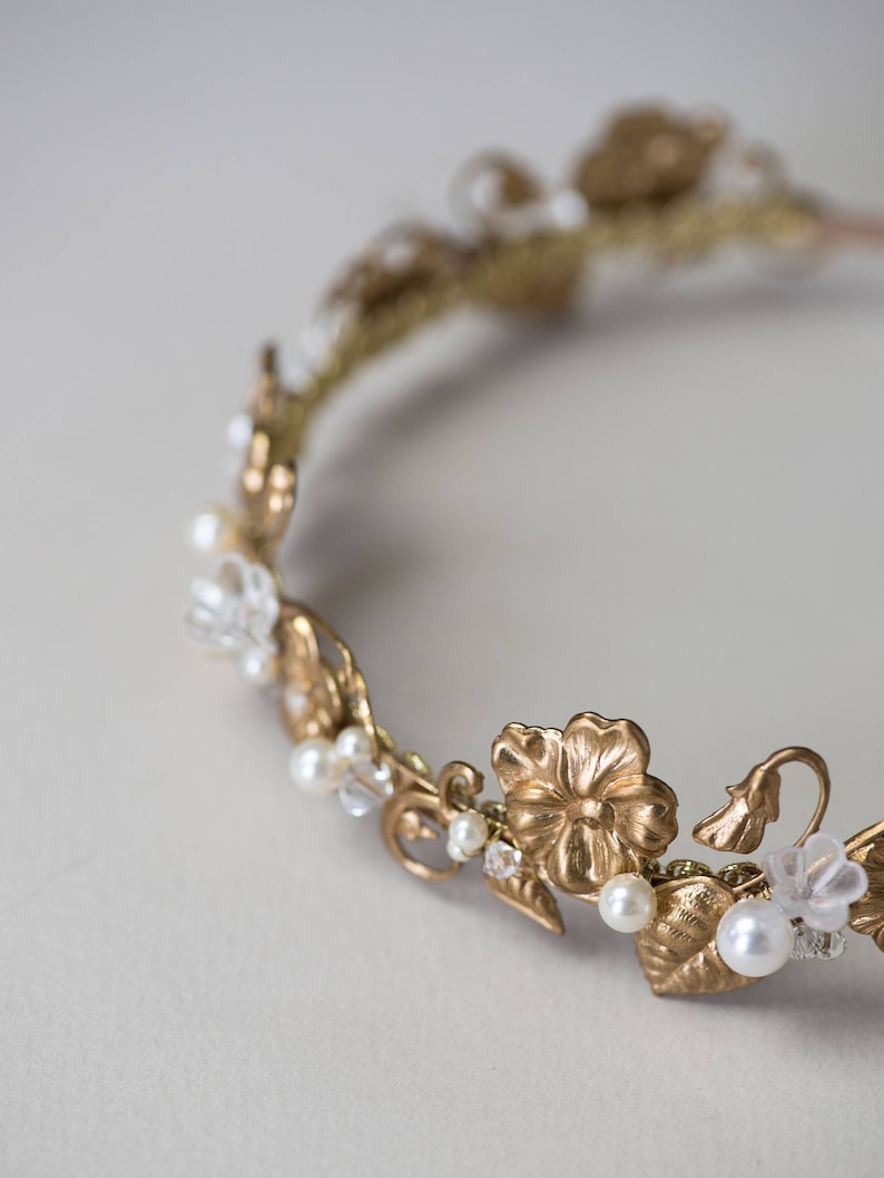 Edwardian floral headband made from brass flowers and pearls, lightweight bridal hair accessory