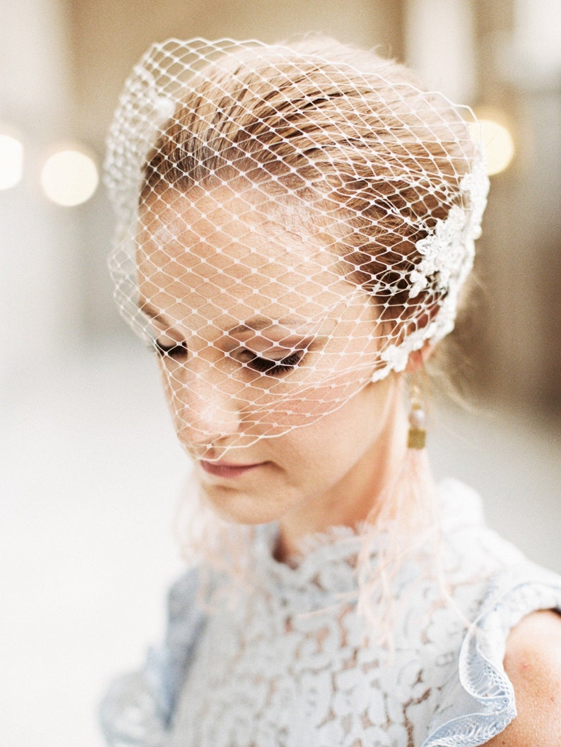 Lace birdcage veil, Champagne birdcage veil, Wedding veil image 1