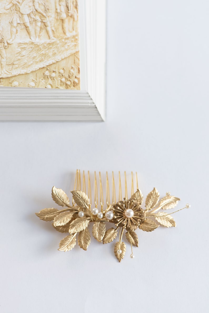 Gold leaf hair comb, Bridal side comb, Gold leaf comb, Gold hairpiece, Gold hair comb DEMETER image 5