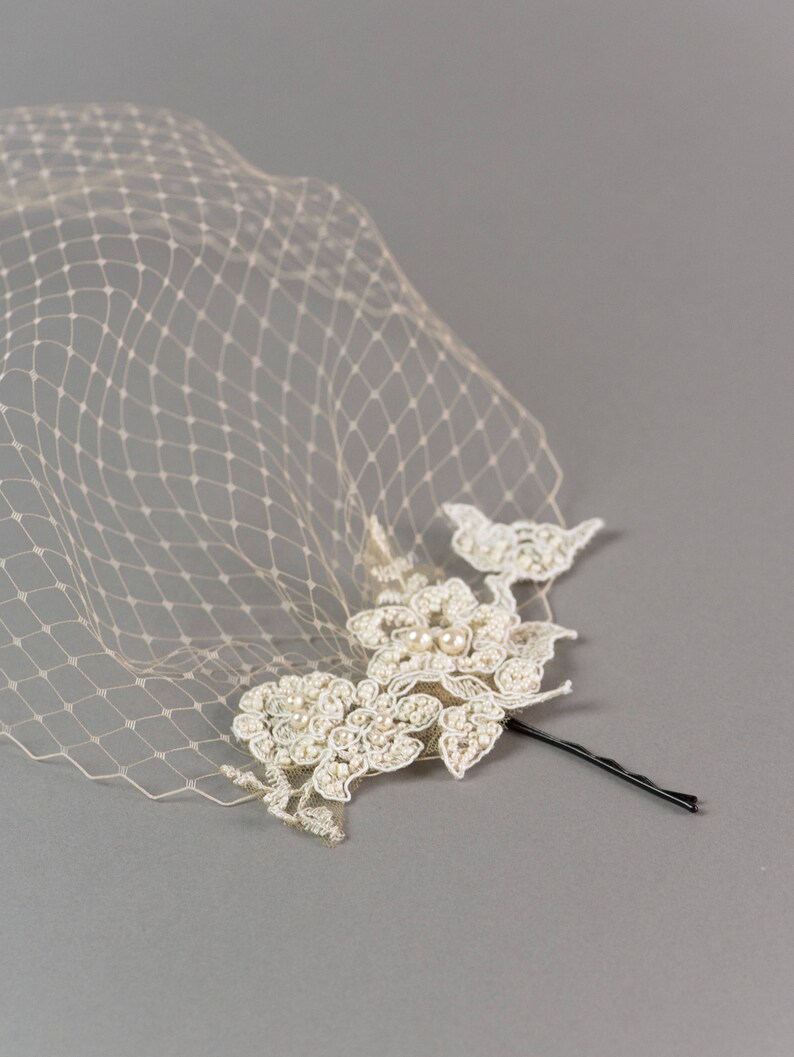 Lace birdcage veil, Champagne birdcage veil, Wedding veil image 2