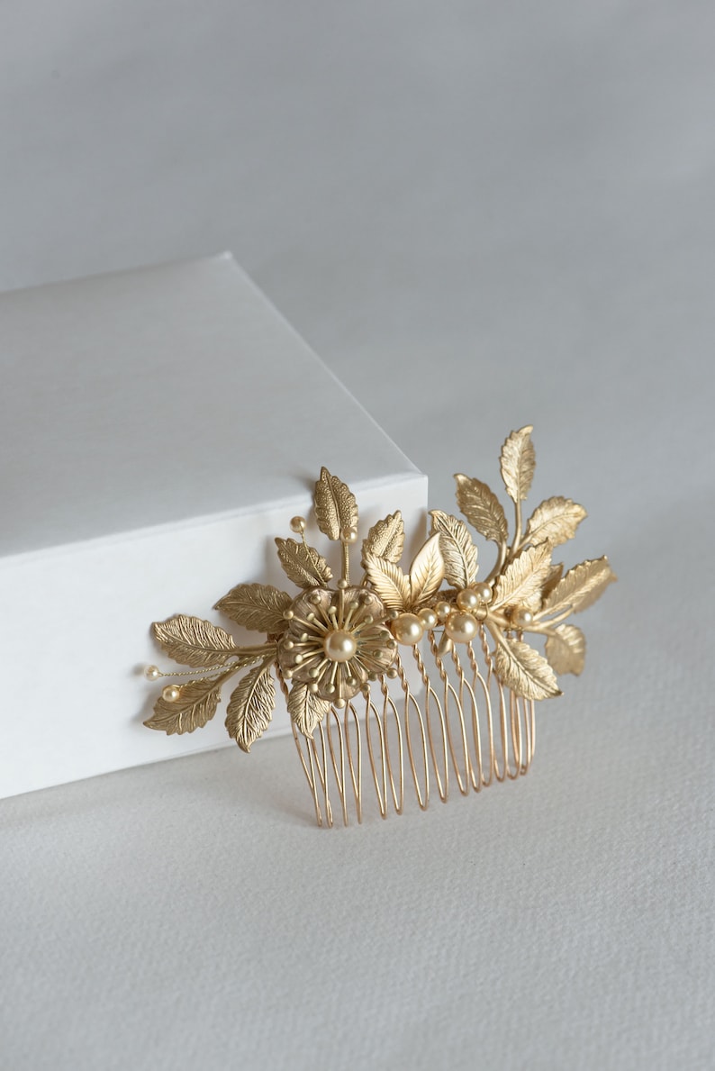 Gold leaf hair comb, Bridal side comb, Gold leaf comb, Gold hairpiece, Gold hair comb DEMETER image 8