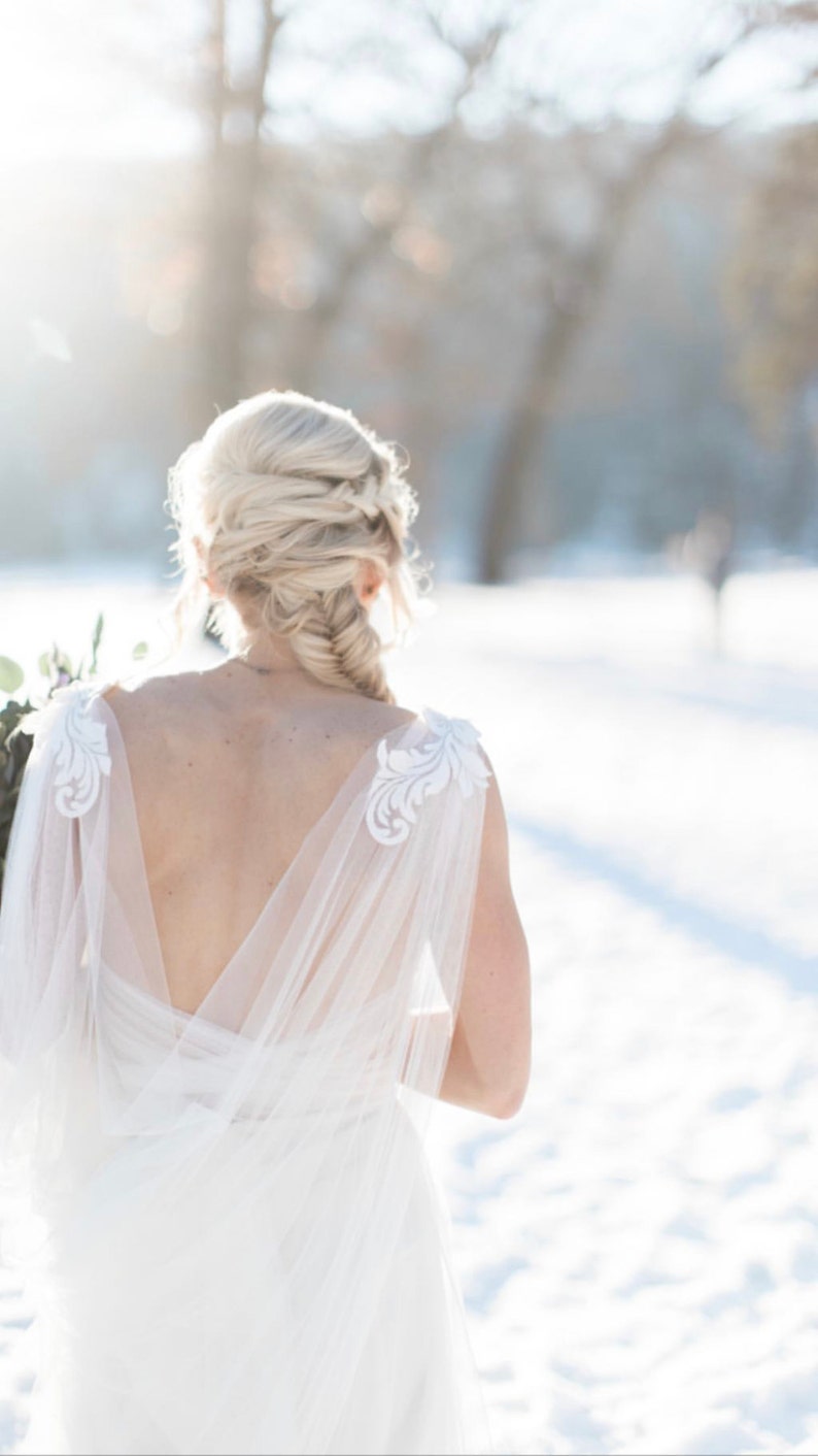 Cape veil with lace, Bridal cape veil, Wedding cape veil, Modern veil, Shoulder cape ISABELLE image 2