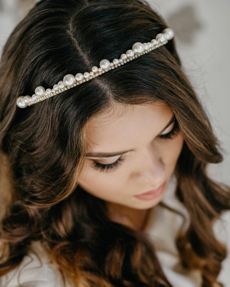 Scaloped pearl bridal tiara with crystal row.