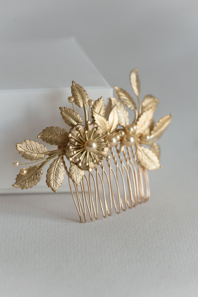 Gold leaf hair comb, Bridal side comb, Gold leaf comb, Gold hairpiece, Gold hair comb DEMETER image 6