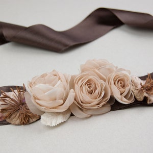 Wedding dress sash, Floral sash, Brown bridal belt, Belt for wedding dress image 3