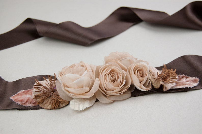 Wedding dress sash, Floral sash, Brown bridal belt, Belt for wedding dress image 3