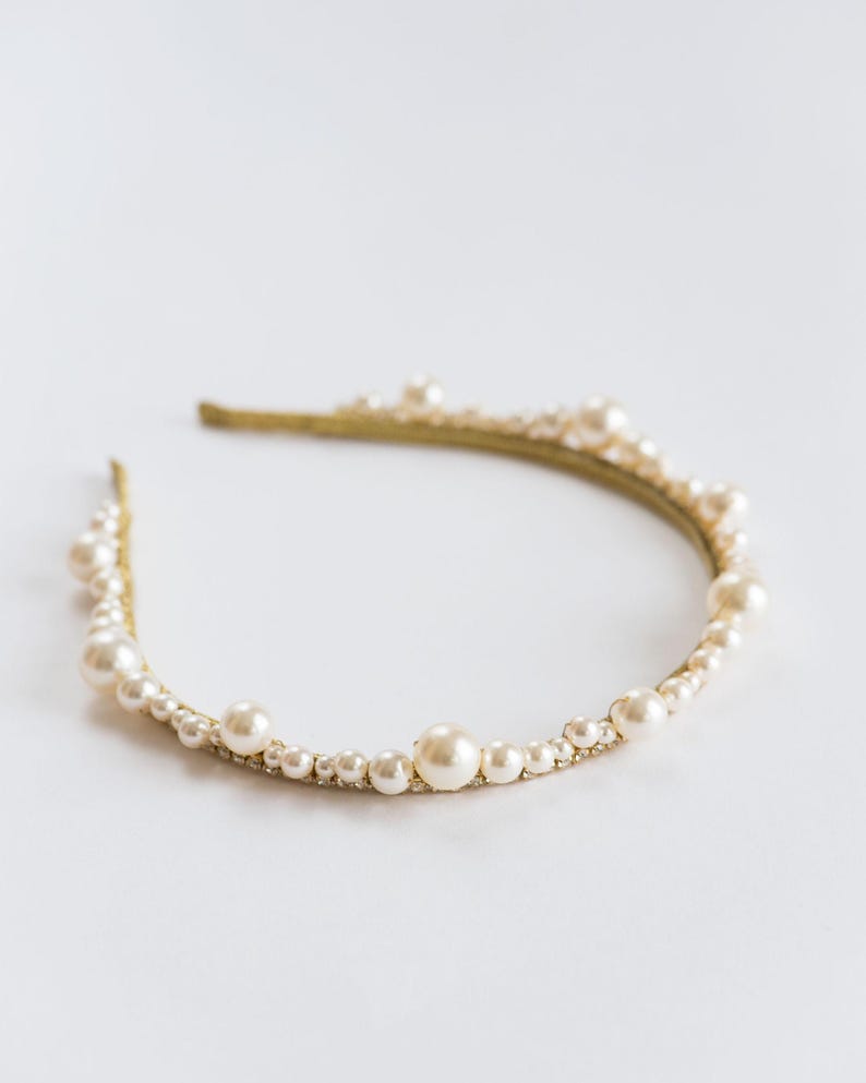 Modern pearl and crystal bridal headband.