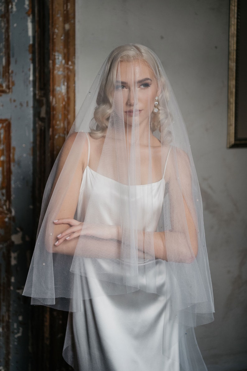 Sparkle drop veil, Wedding veil with crystals, Crystal bridal veil, Veil with blusher NEVE imagem 4